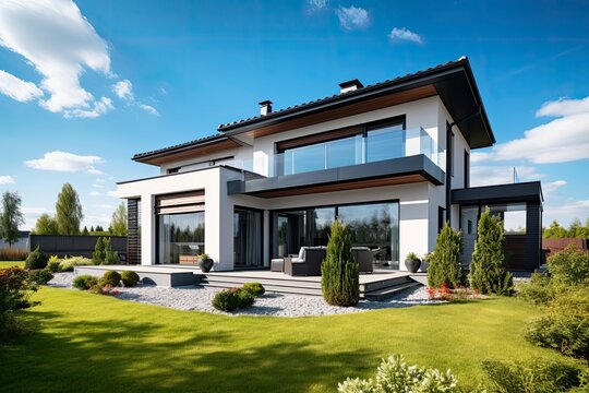 A contemporary house with a spacious front yard created with Generative AI technology