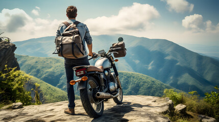 Wandering biker: adventurous motorcycle traveler on the road, man with motorcycle against the background of mountains