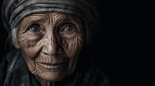 powerful full face portrait of an elderly woman