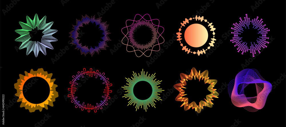 Poster Music waves. Circle audio sound waveform. 3D energy radial pattern. Data frequency. Abstract curve rings. Voice vibration. Geometric shapes. Musical equalizer. Vector soundwaves set