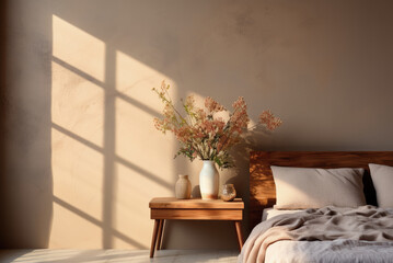 Vases with flowers on the bedside table with sunny shadows in the bedroom in rustic style