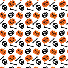 Halloween seamless pattern with pumpkin, skull and bones isolated on white background
