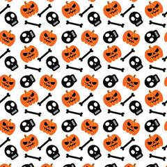 Fototapeta premium Halloween seamless pattern with pumpkin, skull and bones isolated on white background