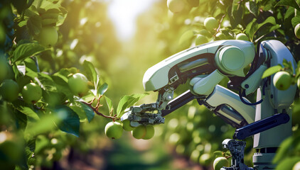 Ai technology in agriculture, robot harvesting green apples in farm garden