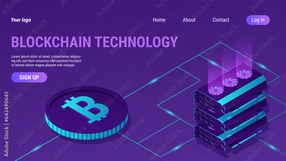 Aufkleber Blockchain technology landing page. Crypto currency mining. Isometric Ethereum banner. Bitcoin investment. 3D money farm. Cryptocurrency exchange. Video card. Vector website template