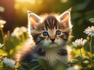 Naklejka na ściany i meble Beautiful cute baby kitten in a summer garden. Little kitten standing on flowers garden. Generative AI