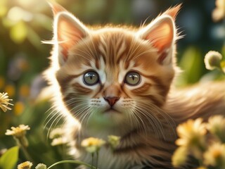 Fototapeta premium Beautiful cute baby kitten in a summer garden. Little kitten standing on flowers garden. Generative AI
