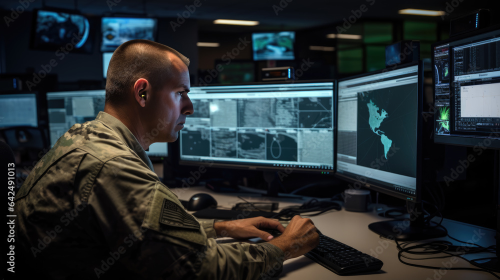 Poster an officer sits in a military command center and monitors data on computer monitors
