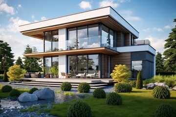 A contemporary house overlooking a serene lake created with Generative AI technology