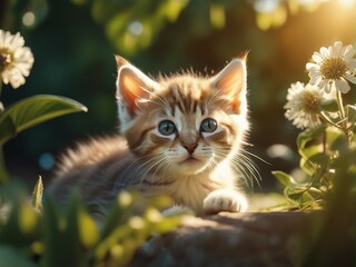 Beautiful cute baby kitten in a summer garden. Little kitten standing on flowers garden. Generative AI