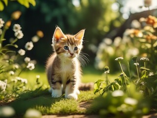Beautiful cute baby kitten in a summer garden. Little kitten standing on flowers garden. Generative AI