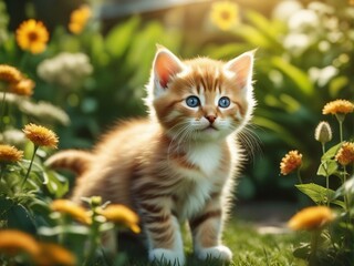 Naklejka na ściany i meble Beautiful cute baby kitten in a summer garden. Little kitten standing on flowers garden. Generative AI