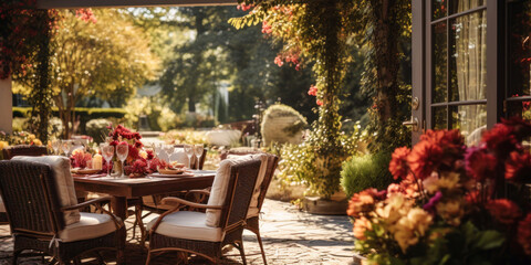 Summer outdoor dinner table on patio, rustic, fete party, outside dining tablescape