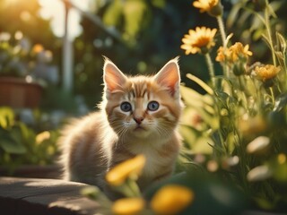 Fototapeta premium Beautiful cute baby kitten in a summer garden. Little kitten standing on flowers garden. Generative AI
