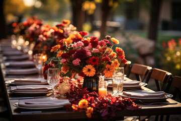 Autumn outdoor dinner table setting with flowers and candles, fall harvest season, rustic, fete party, outside dining tablescape