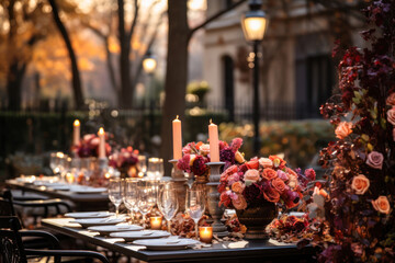 Autumn outdoor dinner table setting with candles, roses flowers, fall harvest season, rustic, fete party, outside dining tablescape