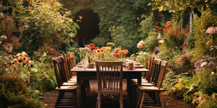 Summer outdoor dinner table in garden with flowers, rustic, fete party, outside dining tablescape