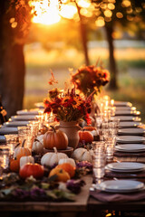 Obraz na płótnie Canvas Autumn outdoor dinner table setting with flowers and pumpkins, vertical, fall harvest season, rustic, fete party, outside dining tablescape