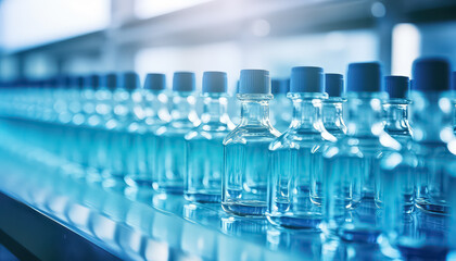 clear water bottles on the conveyor line in a factory