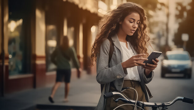 Beautiful Young Woman On A Bicycle Using Her Smartphon