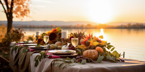 Autumn outdoor dinner table setting by lake shore with pumpkins, wide, fall harvest season, rustic, fete party, outside dining tablescape - Powered by Adobe