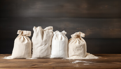 bags in a wooden table filled with flour, in the style of industrial