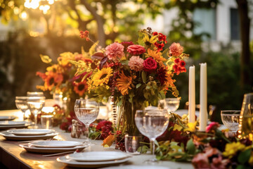 Autumn outdoor dinner table setting with flowers, fall harvest season, rustic, fete party, outside dining tablescape
