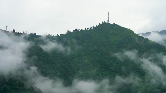 panning shot showing electricity tower on hilltop in darjeeling, sikkim gantok west bengal showing lush tea gardens on green hills