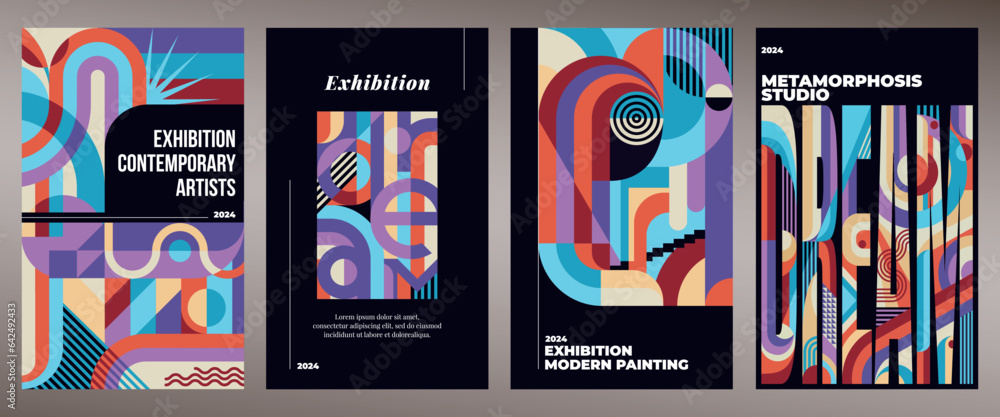 Aufkleber geometric posters. abstract shape pattern, modern color squares and circles, minimal retro wall art.