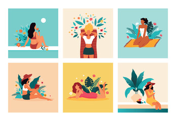 Girl with flowers. Mental health, beauty and fashion, relax on summer beach, nature and freedom spa mood. Woman drink cocktail, read book. Meditation outdoors. Vector cartoon flat concept