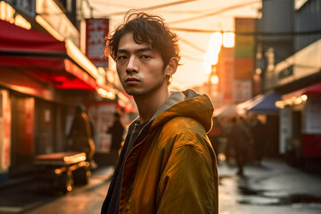 Portrait of a enigmatic Japanese business man with character and experience, in the style of editorial fashion and photojournalism.