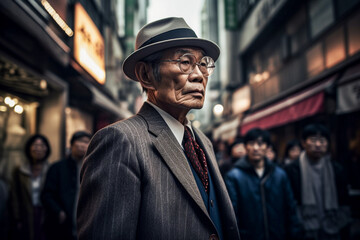 Portrait of a enigmatic Japanese business man with character and experience, in the style of editorial fashion and photojournalism. - obrazy, fototapety, plakaty