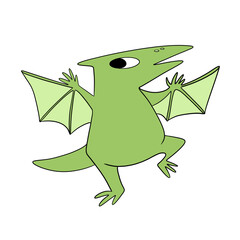 Obraz premium Cute green dinosaur Pterodactyl, drawing for children. Colorful hand drawn dinosaur in cartoon style. Cute cartoon animal