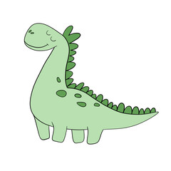 Cute green dinosaur with a long neck, drawing for children. Colorful hand drawn dinosaur in cartoon style. illustration of dinosaurs isolated on background