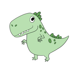 Cute green dinosaur drawing for children. Colorful hand drawn dinosaur in cartoon style. Cute cartoon animal