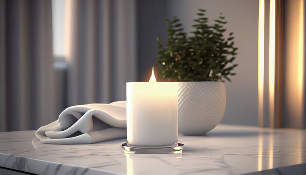 Blank white table top for copy space 3d render decorated with glass candle holders with flames. cotton towel and a potted plant with a blurry bathroom background, Ai generated image