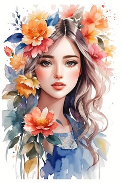 Woman with Flowers is a Portrait of a young woman with Flowers in watercolor watercolor illustration with vibrant colors and creative abstract painting digital illustration.
