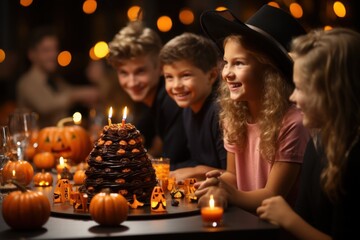 Obraz na płótnie Canvas Photo child makes pumpkin for halloween, closeup view. Generative AI.
