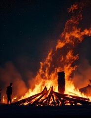 A Pyrophobia person's view of a raging bonfire, with the flames dancing in the night sky. trying to fight the phobia