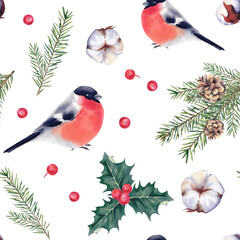 Seamless pattern of bullfinch, mistletoe, cotton and fir branches. New Year and Christmas. Watercolor illustration.