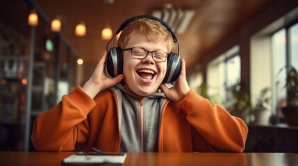 Guy with Down Syndrome listening to music with headphones - obrazy, fototapety, plakaty