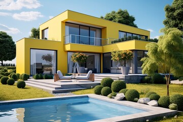 A vibrant yellow house with a sparkling pool in the foreground created with Generative AI technology