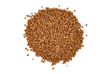Raw buckwheat grains in rustic burlap isolated on white background.