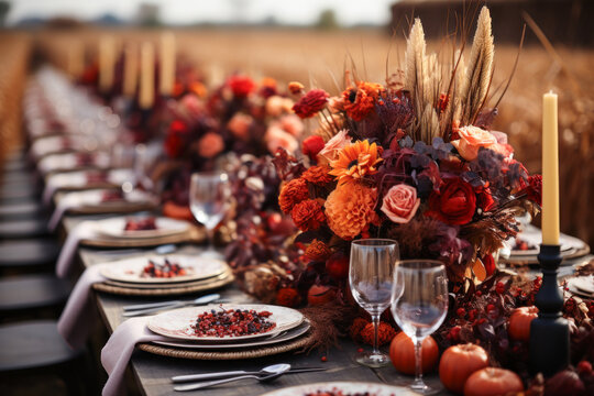 Fall outdoor dinner table setting, flowers, autumn harvest season, rustic, fete party, outside dining tablescape