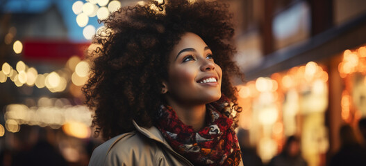 portrait of a smiling young woman enjoy night live in the city in christmas season - obrazy, fototapety, plakaty