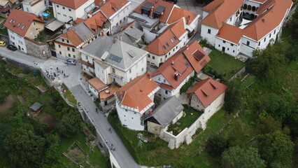 Aerial drone shots of the village of Radovljica, Slovenia