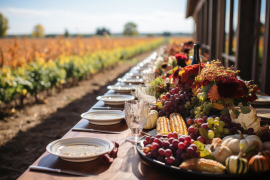 Autumn outdoor banquet table setting with grapes, corn, gourds, fall harvest season, rustic, fete party, outside dining tablescape