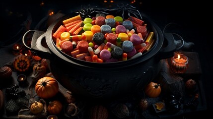 A cauldron full of colorful halloween candies AI Generative