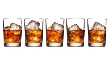 Five whisky glasses in a row with ice cubes isolated on white created with Generative AI