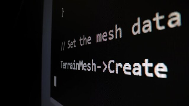Closeup macro shot movement of coding script moving across LED screen with real-time AI-generated typing, showcasing advanced AI learning in optimization, debug and coding for software development.